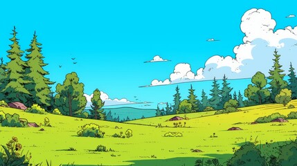 Fototapeta premium Nature Landscape with Blue Sky. Nature landscape with blue sky clouds wallpaper. Cartoon illustration of a road in a field with blue sky and clouds. Grass Field landscape with blue sky and white cloud