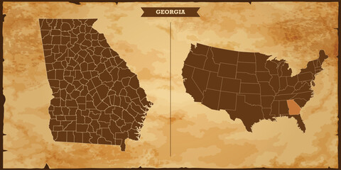 Georgia state map, United States of America map with federal states in A vintage map based background, Political USA Map - obrazy, fototapety, plakaty