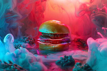A lamb burger that seems to emit its own ethereal light, surrounded by neon glows in shades of...