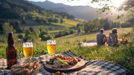 A peaceful scenic view of a German countryside with a picnic blanket spread out and a couple enjoying nonalcoholic beer and delicious snacks.