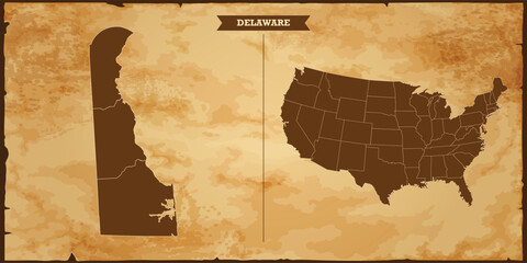 Delaware state map, United States of America map with federal states in A vintage map based background, Political USA Map - obrazy, fototapety, plakaty