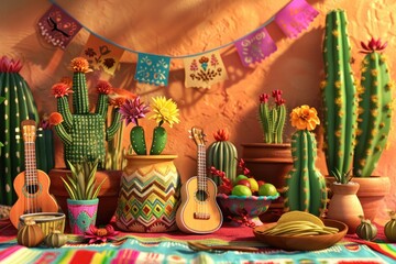 Mexican Fiesta Joyful 3D Scene with Cactus, Tacos, and Music for Cinco de Mayo