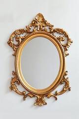 A simple golden Baroque mirror, front view, in the style of Baroque, on a white background, in a high resolution