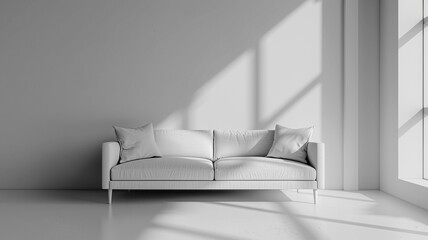 A minimalist sofa in a monochromatic living room, with clean lines and strategic lighting creating an atmosphere of sophistication and simplicity. --ar 169 --v 6.0 - Image #2 @Zubi