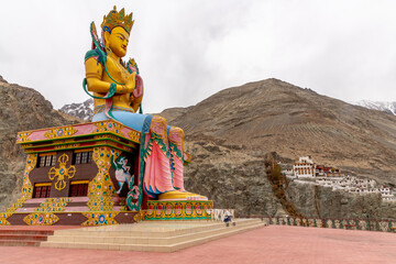 Large, colorful Buddha statue at the Diskit Monastery in the Nubra Valley in northern India
