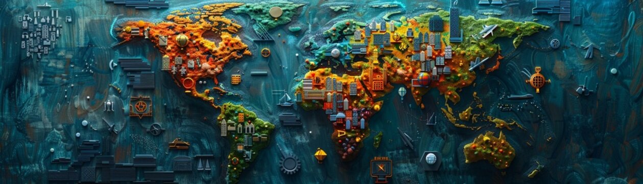 Design an aerial view illustration showcasing a world map with countries adopting universal basic income Use symbols to represent positive impacts like reduced poverty and increased