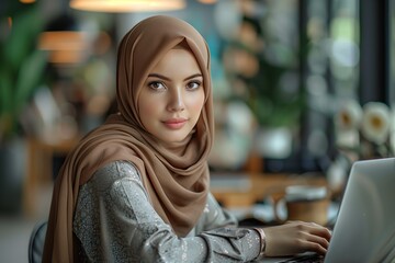 Modern Muslim Businesswoman Working at a Cafe. Young Muslim businesswoman in a hijab works attentively on her laptop at a stylish café, a blend of tradition and modern business lifestyle.