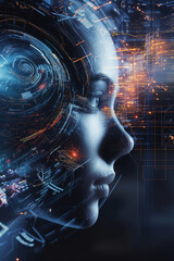 abstract futuristic human face surrounded by tech elements and glowing data streams, technology symbols, humanoid brain data flow, photorealistic // ai-generated 