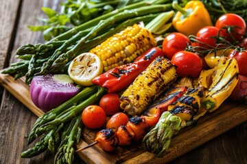 A variety of grilled vegetables, including corn on the cob, bell peppers, tomatoes, and asparagus. AI.