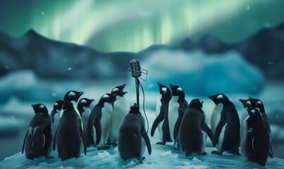 A group of penguins gather around a microphone in the snow. AI.