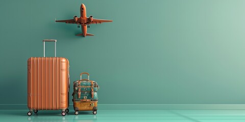 Over a pale green backdrop, a suitcase and a vivid toy airplane are encompassed go global in this summertime notion and space, Generative AI.