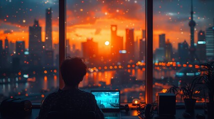 Solitary Figure Working Overlooking City Sunset. Person sits at a desk working on a laptop with a mesmerizing cityscape sunset in the background through large windows.