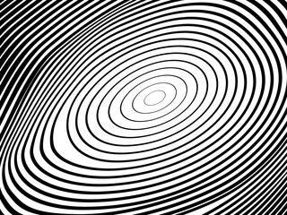 Abstract hypnotic wave pattern with black-and-white striped lines. Psychedelic background. Op art, optical illusion. Modern design, graphic texture.