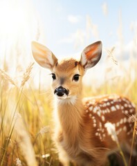 A cute baby deer standing in a tall grass field looking at the camera. AI.