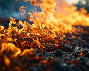 Flames engulfing a forest floor. AI.