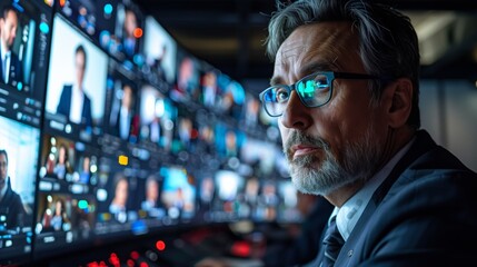 Broadcast Professional Monitoring Multiple Screens. Experienced broadcast professional attentively monitors a wall of screens, showcasing diverse content and technical prowess.