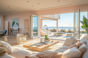 Fototapeta na wymiar Chic pink home with a luxurious open layout, artistic elements, and bi-fold doors to a tranquil beach setting.