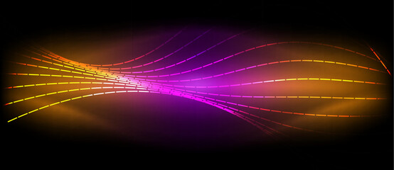 A mix of purple and orange waves against a black sky create a striking visual effect reminiscent of automotive lighting. The lens flare adds a touch of magenta, perfect for entertainment purposes