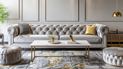 A sophisticated living room with a pearl grey velvet sofa, sleek coffee table, and gold accents. The luxurious carpet and pouf complete the setting, showcased in stunning ultra HD.