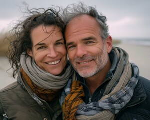 Fototapeta premium A man and a woman are standing close to each other and smiling at the camera. They are both wearing scarves. AI.