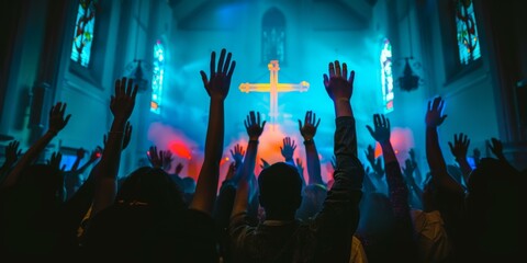 A group of people are worshipping in a church. AI.