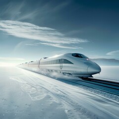 A high-speed train travels through a snowy landscape. AI.