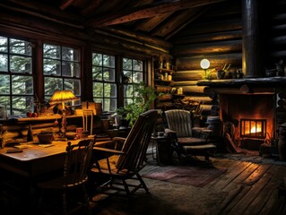 A cozy cabin in the woods with a fireplace, rocking chairs, and a table. AI.