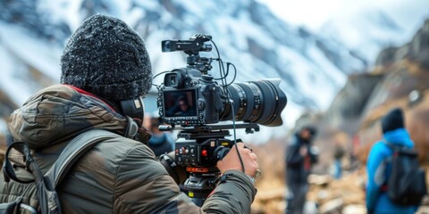 A cameraman is filming a movie in the mountains. AI.