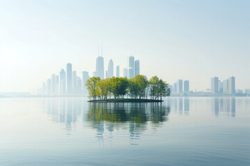 Fototapeta premium Minimalist cityscapes with a focus on the natural elements that coexist within urban environments, such as parks, trees, and waterfronts, against a simple sky backdrop. 