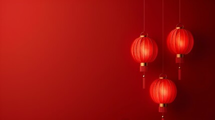 a simple chinese new year red background with three red lanterns aspect ratio 2:1