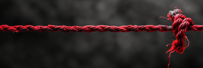 Close-up image of a red rope fraying in the center, depicting the concept of tension and fragility against a monochrome backdrop