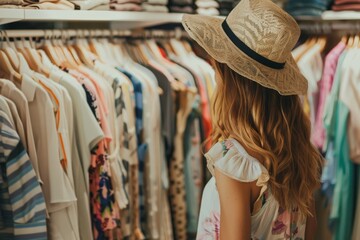 Fototapeta na wymiar Summer fashion, A woman browsing through dresses on rack in fashion store