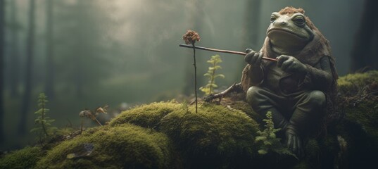 A wise old frog sits on a mossy rock in the forest, smoking a pipe and contemplating life. AI. - obrazy, fototapety, plakaty