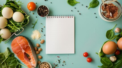 Food ingredients, Meats and vegetables with white paper notepad