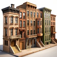 Fototapeta premium 3D Render of a historic brownstone neighborhood with restored facades and modern interiors, on isolated white background, Generative AI