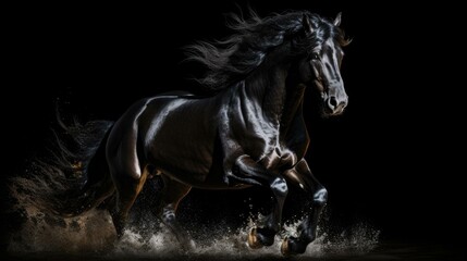 A black horse is running in the water. AI.