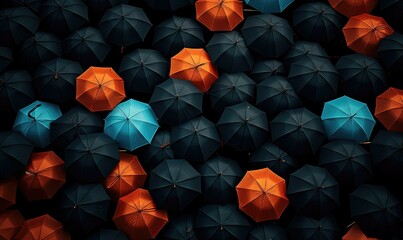 A sea of black umbrellas with a few blue and orange ones standing out. AI.