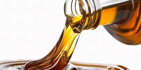 A close shot of pouring oil lubricant motor oil from bottle isolated on a clean studio white backdrop with a big space for text or product advertisement background, Generative AI.