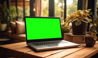 Green screen laptop on a wooden table in a home office. AI.