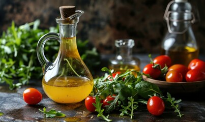 Homemade vinaigrette dressing with olive oil and tomatoes. AI.