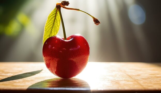 Close-up of a single red cherry with a green stem and leaf, sitting on a table. AI.