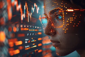 Futuristic Facial Recognition for Market Analysis. Digital facial recognition interface with glowing stock market analytics, symbolizing advanced trading technology and AI in finance. - obrazy, fototapety, plakaty