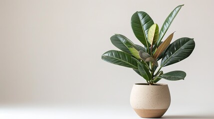 Lovely ornamental rubber fig tree houseplant in a ceramic planter over a white setting and lovely lush foliages for visual impact space, Generative AI.