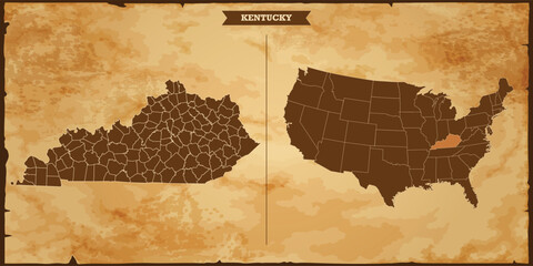 Kentucky state map, United States of America map with federal states in A vintage map based background, Political USA Map - obrazy, fototapety, plakaty