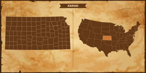Kansas state map, United States of America map with federal states in A vintage map based background, Political USA Map - obrazy, fototapety, plakaty