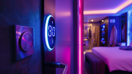 Close-up of neon-lit controls for room temperature and lighting in a smart hotel room.