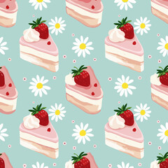 strawberry cake and daisies seamless pattern, vector illustration, flat design, pastel background, cute style, vintage style