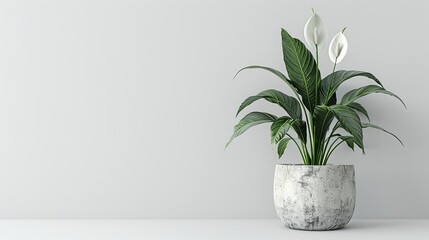 A close shot of Spathiphyllum plant on a pot with plain white backdrop and space for text or nursery type product advertisement background, Generative AI.