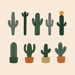 A variety of stylized cacti and succulents against a beige background, featuring different shapes and sizes, some in pots with a playful, minimalistic design.