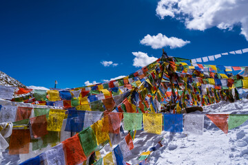 Fototapeta na wymiar The beautiful views of Colorful prayer flags Norther part of Ladakh India.